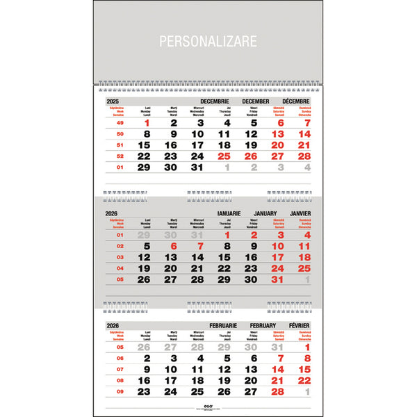 CALENDAR PERETE EGO TRIPTIC PLIAT, 3 x 12 file