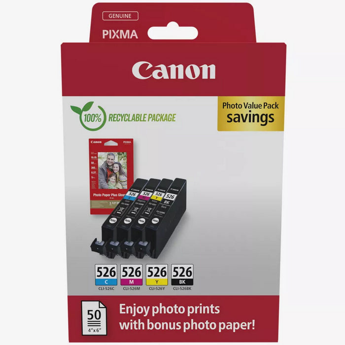 CANON INK CLI526-K4P SET 4 CARTUSE, BLACK, CYAN, MAGENTA, YELLOW + HARTIE FOTO*
