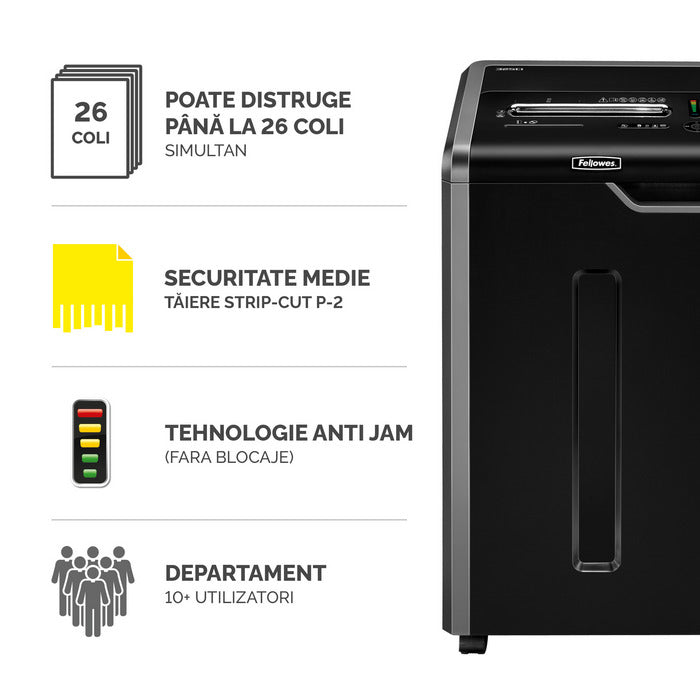 DISTRUGATOR DOCUMENTE FELLOWES 325i STRIP-CUT 5.8 mm, nivel securitate 2, 24-26 coli, SAFE SENSE*