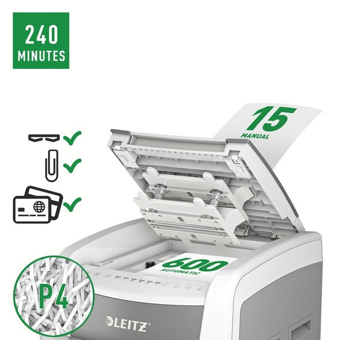 DISTRUGATOR DOCUMENTE automat LEITZ IQ Office, P4, cross-cut (confeti) 4 x 36 mm, alb-gri, 600 coli*