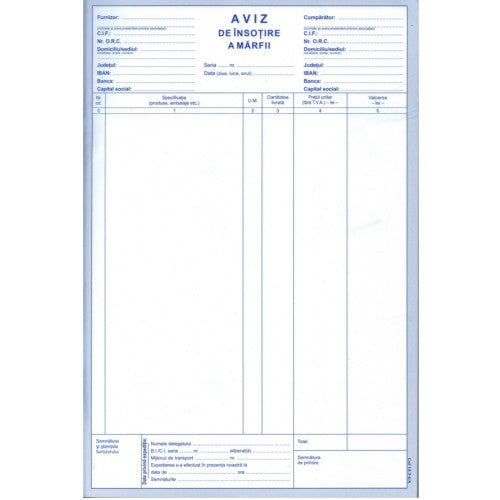 AVIZ DE INSOTIRE A MARFII A4, AUTOCOPIATIV in 3 exemplare, 50 set/carnet