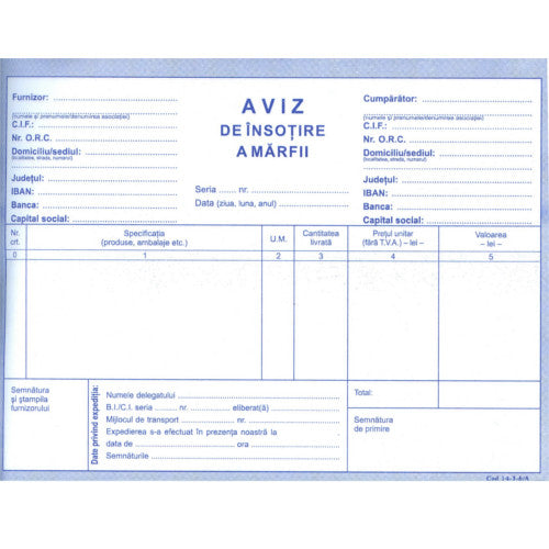AVIZ DE INSOTIRE A MARFII A5, AUTOCOPIATIV in 3 exemplare, 50 set/carnet