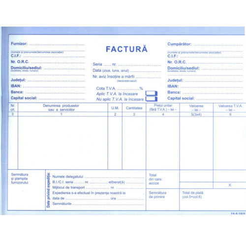 FACTURA cu TVA A5, AUTOCOPIATIV in 3 exemplare, 50 set/carnet