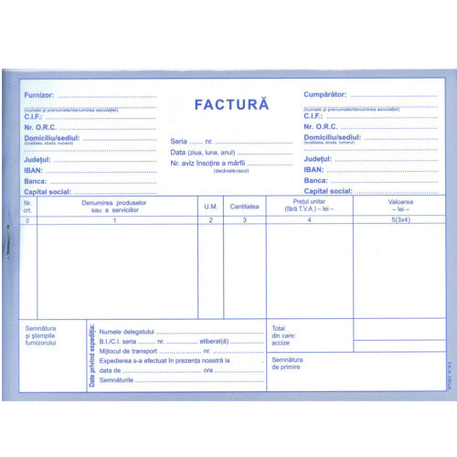 FACTURA fara TVA A5, AUTOCOPIATIV in 3 exemplare, 50 set/carnet