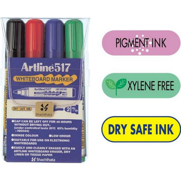 MARKER WHITEBOARD ARTLINE 517 Dry safe ink, set 4 bucati - scriere 2,00 mm