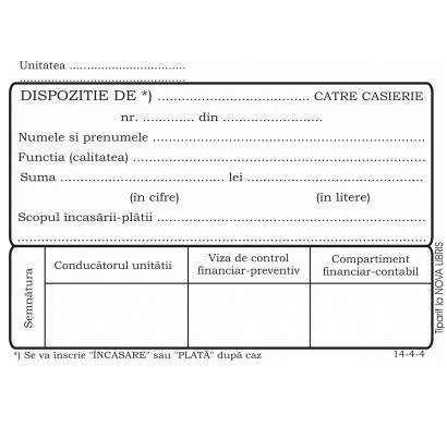 DISPOZITIE DE PLATA / INCASARE (CASIERIE), OFFSET, A6, PERFOR, 100 file/carnet
