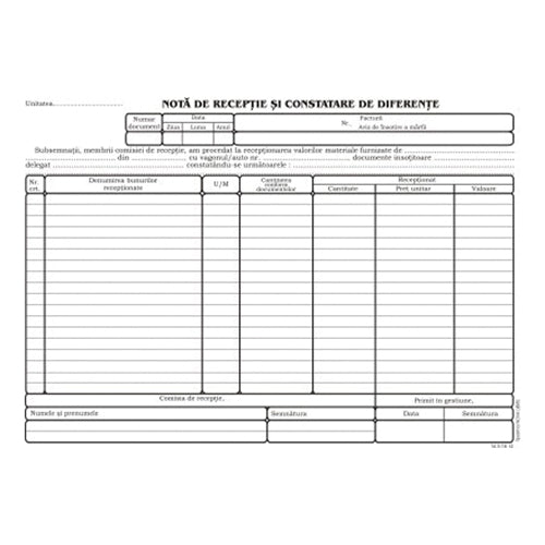 NOTA DE INTRARE RECEPTIE (N.I.R.) fara TVA, AUTOCOPIATIV, A4, 100 file/carnet